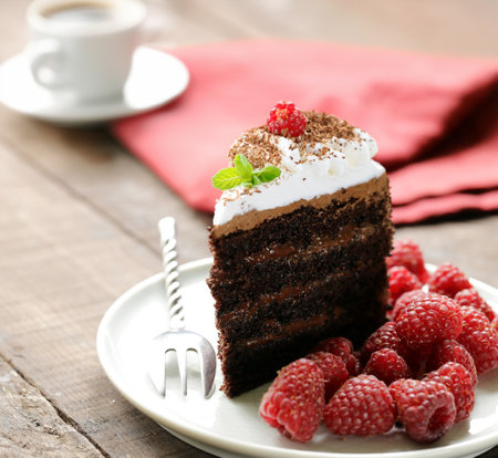 chocolate cake with whipped cream and berriesの写真素材