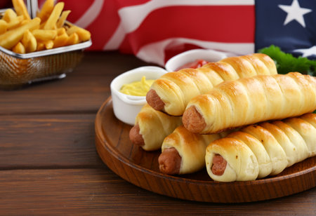 Independence day picnic hot dogs and French friesの写真素材