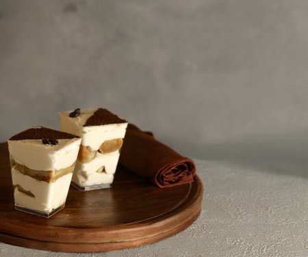 traditional Italian dessert tiramisu in a glassの写真素材