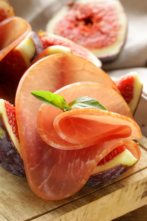 ham with figs antipasti for wineの写真素材