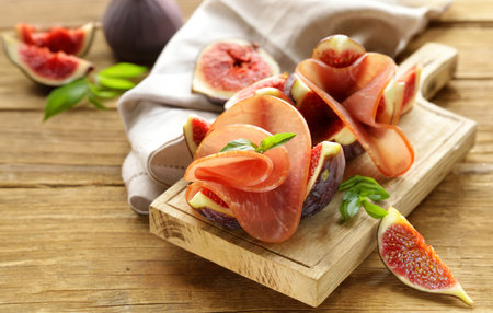 ham with figs antipasti for wineの写真素材