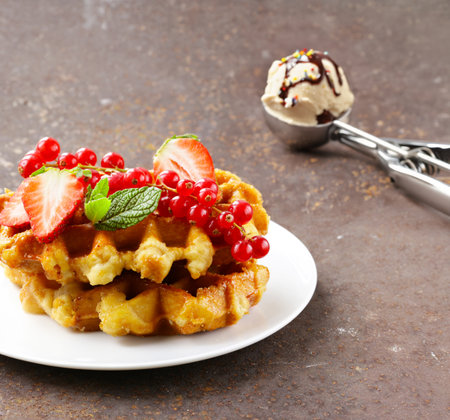 Belgian waffles with berries and ice creamの写真素材
