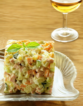 Olivier salad traditional Russian salad with mayonnaiseの写真素材