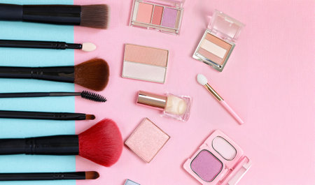 makeup brushes and eye shadow on a colored backgroundの写真素材