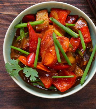 Asian style vegetables with rice and soy sauceの写真素材