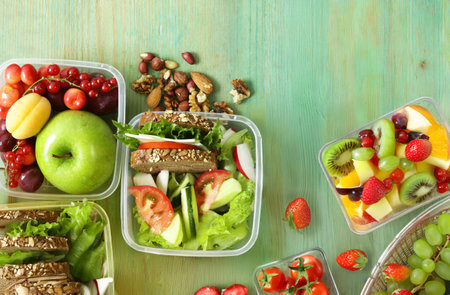 healthy food lunch boxes with vegetables and snacksの写真素材