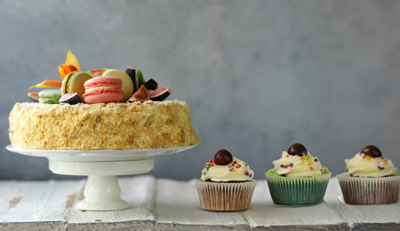 Napoleon cake with butter cream and macaroon