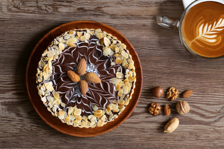 cake with nuts and chocolate on a wooden tableの写真素材