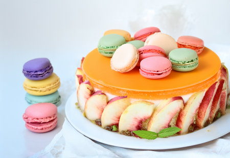 piece of cake dessert with fresh berries and macaroons