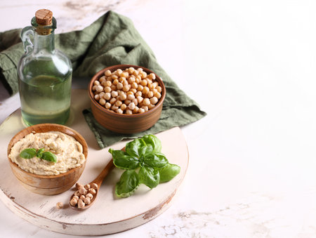 traditional chickpea hummus with olive oilの写真素材