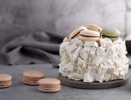meringue cake with macaroons for dessert and holidayの写真素材
