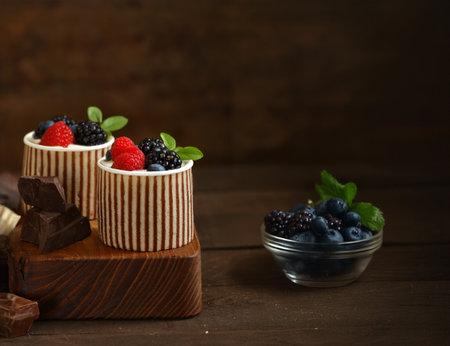 mini cake with berries and whipped creamの写真素材