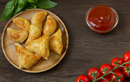 traditional oriental food samsa with sauceの写真素材