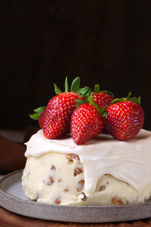 sweet curd dessert with berries and whipped creamの写真素材