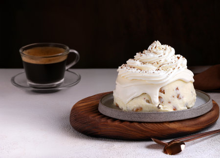 sweet curd dessert with berries and whipped creamの写真素材