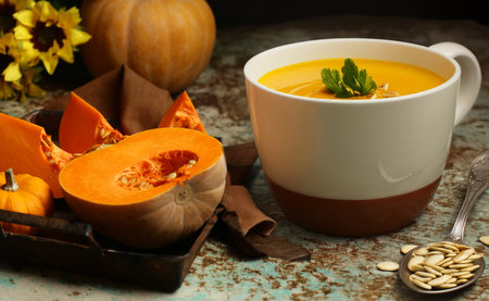 traditional pumpkin soup in a bowl on the tableの写真素材