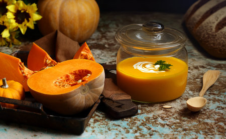 traditional pumpkin soup in a bowl on the tableの写真素材
