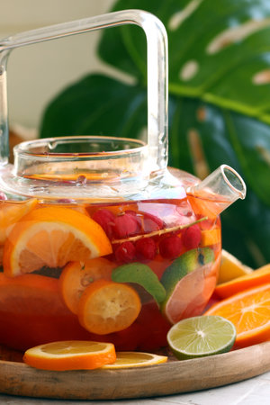 citrus tea with fresh fruits and berriesの写真素材