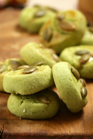 Japanese cookies with matcha tea for dessertの写真素材