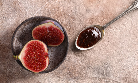 natural organic fig jam and fresh berriesの写真素材