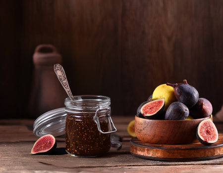 natural organic fig jam and fresh berriesの写真素材