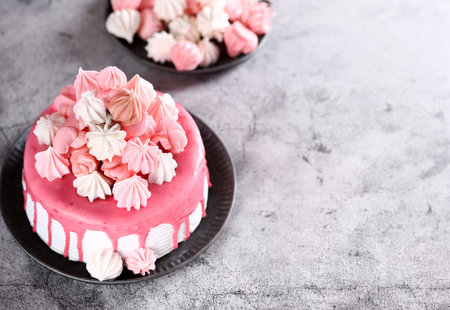 pink cake dessert with fresh berriesの写真素材