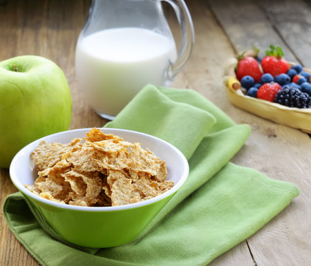 muesli with milk and fruit healthy food breakfastの写真素材