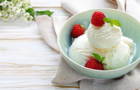 summer dairy dessert ice cream with fresh berriesの写真素材