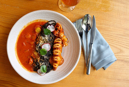 black spaghetti with squid at a restaurantの写真素材