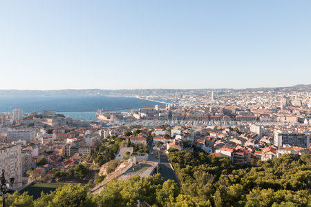 MARSEILLE, FRANCE - SEPTEMBER 20, 2015: view from platform of Basilique Notre-Dame de la Garde over cityの写真素材