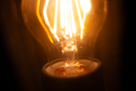 close up of electric light bulb with filament at night
