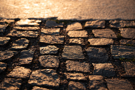 Cobblestone street in Leipzig at sunriseの写真素材