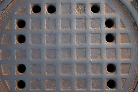 Cast iron manhole cover on cobblestone street in warm light-urban textureの写真素材