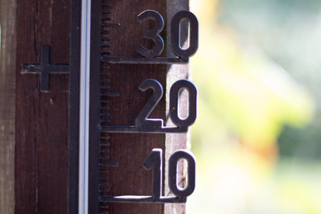 Outdoor thermometer showing warm temperature-summer weather