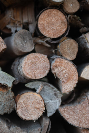 Stack of cut firewood logs arranged vertically in a pile with visible tree rings and bark texture