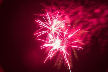 Colorful fireworks exploding in a dark night sky-celebration and lightの写真素材
