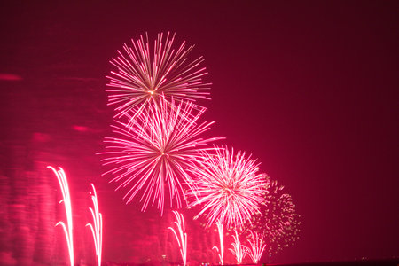 Vibrant pink and white fireworks against a red sky-celebration and light
