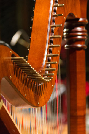 Strings and tuning pegs of a wooden harp musical instrumentの写真素材