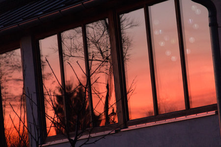 Reflection of winter trees and sunset sky in glass facade of a modern house in Germany
