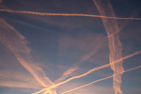 Crisscrossing airplane contrails in the sky during sunset with warm and cool tonesの写真素材