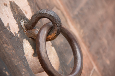 Close-up of a rusty iron ring handle mounted on a weathered wooden surface