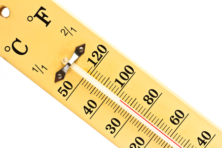Wooden thermometer in summer on white background 