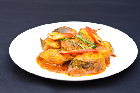 Thai red curry.Spicy fried stir Catfish on white plate.の写真素材