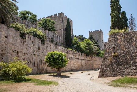 Ruins of the castle and city walls of Rhodes. Defensive Fortress of the Joannites. .Historic castle on the shores of the Aegean and Mediterranean.のeditorial素材