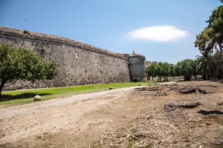 Ruins of the castle and city walls of Rhodes. Defensive Fortress of the Joannites. .Historic castle on the shores of the Aegean and Mediterranean.のeditorial素材