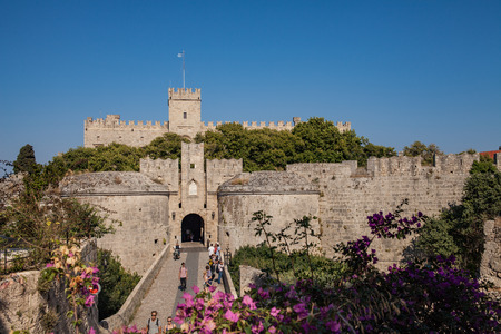Ruins of the castle and city walls of Rhodes. Defensive Fortress of the Joannites. Historic castle on the shores of the Aegean and Mediterranean.のeditorial素材