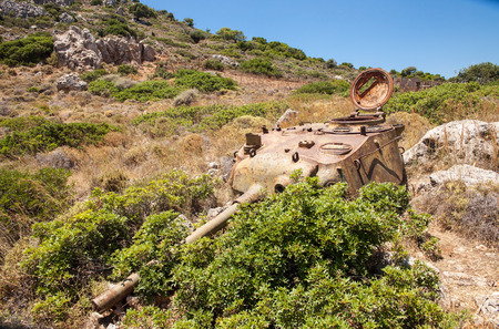 Destroyed tank on the hill. Old upper part of the tank remains after the war in Greece.のeditorial素材