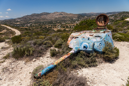 Destroyed tank on the hill. Old upper part of the tank remains after the war in Greece.のeditorial素材