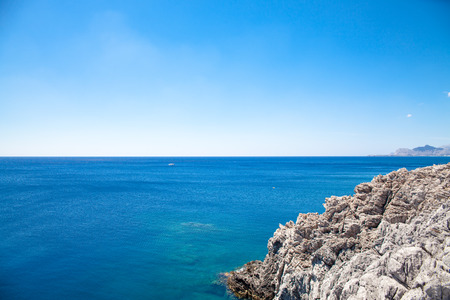 Beach off the coast of the island in Greece. Seaside landscape. Rocky coast and sea.のeditorial素材
