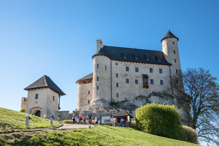 BOBOLICE, POLAND - APRIL 28, 2018: Castle and hotel in Bobolice, Poland, Jura Krakowsko-Czestochowska. Castle in eagle nests style. Built during the reign of  Kazimierz Wielki.のeditorial素材